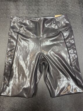 SZ MED VICTORIA'S SECRET PINK BLACK GUNMETAL SHIMMER SHINE LEGGINGS.